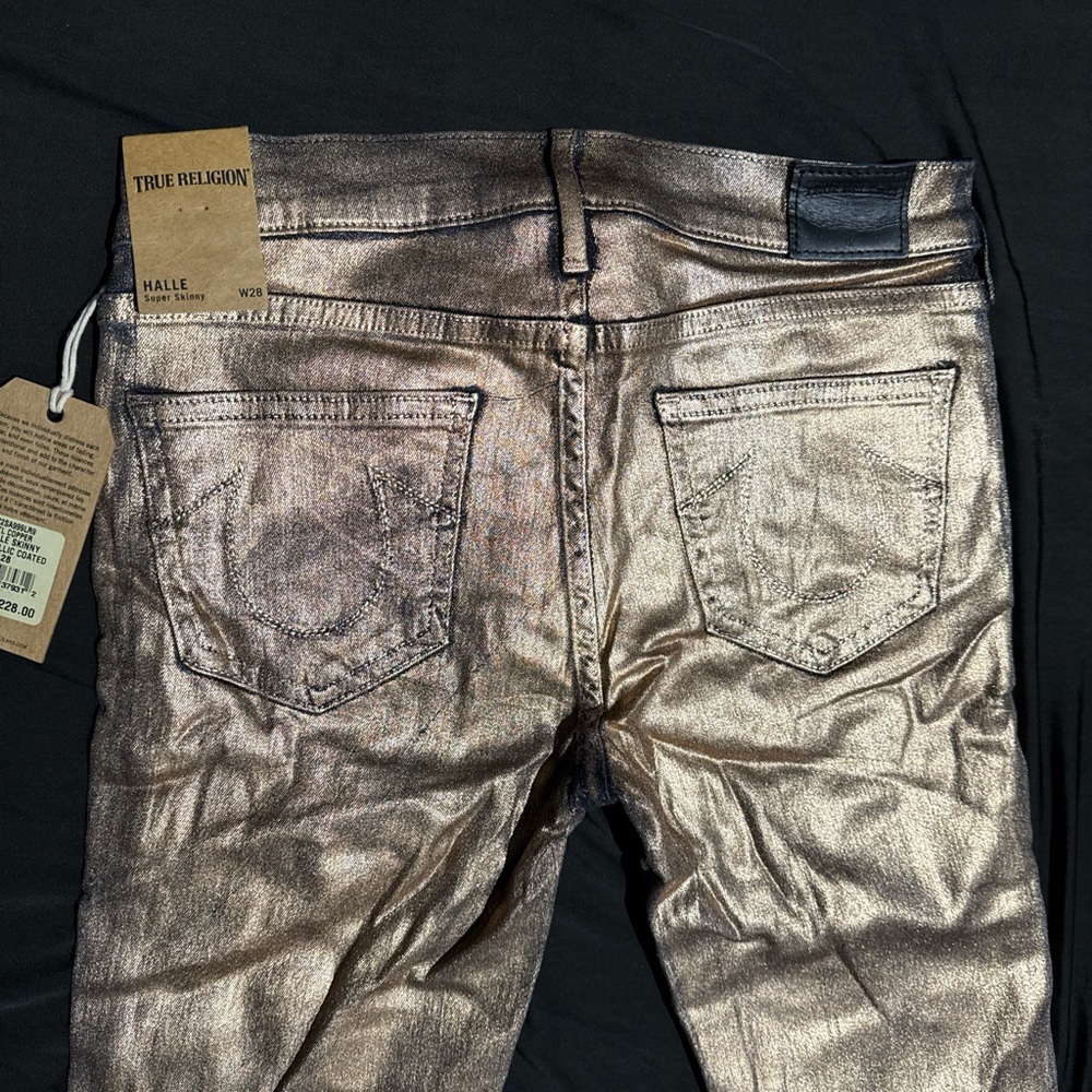 New Women’s True Religion Halle Metallic Coated Skinny Jeans Size 28